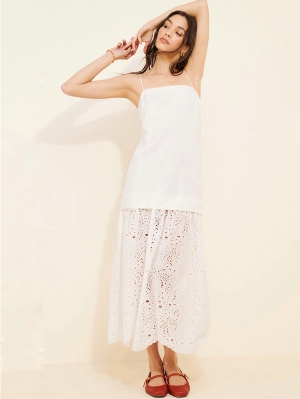 NWT Mon Renn White Eyelet Cotton Linen Maxi Dress
